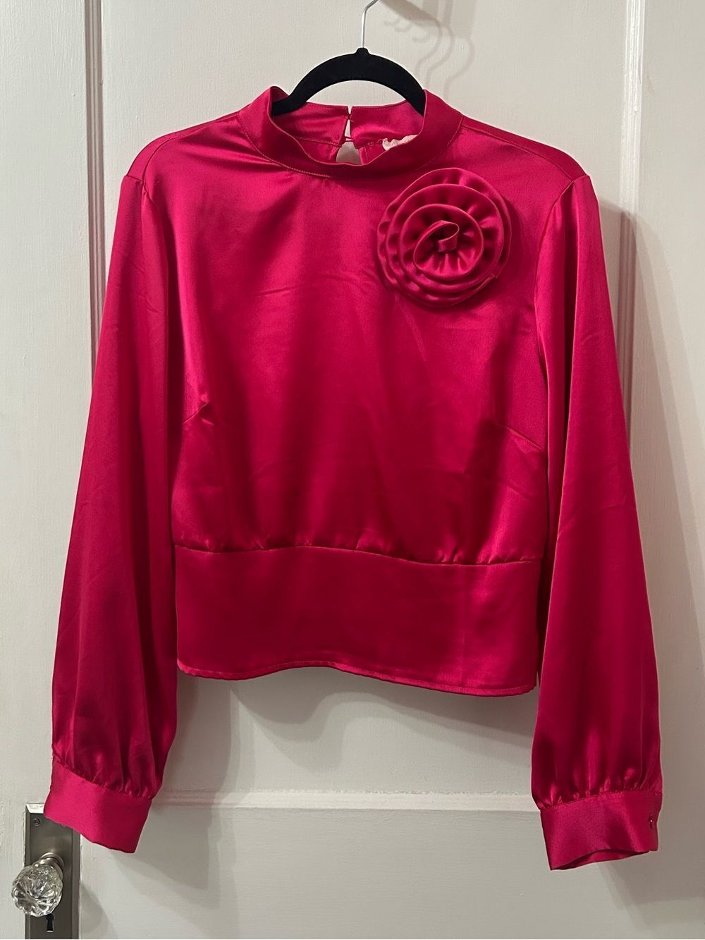 Cynthia Rowley Hot Pink Satin Long-Sleeve Blouse with Rosette
